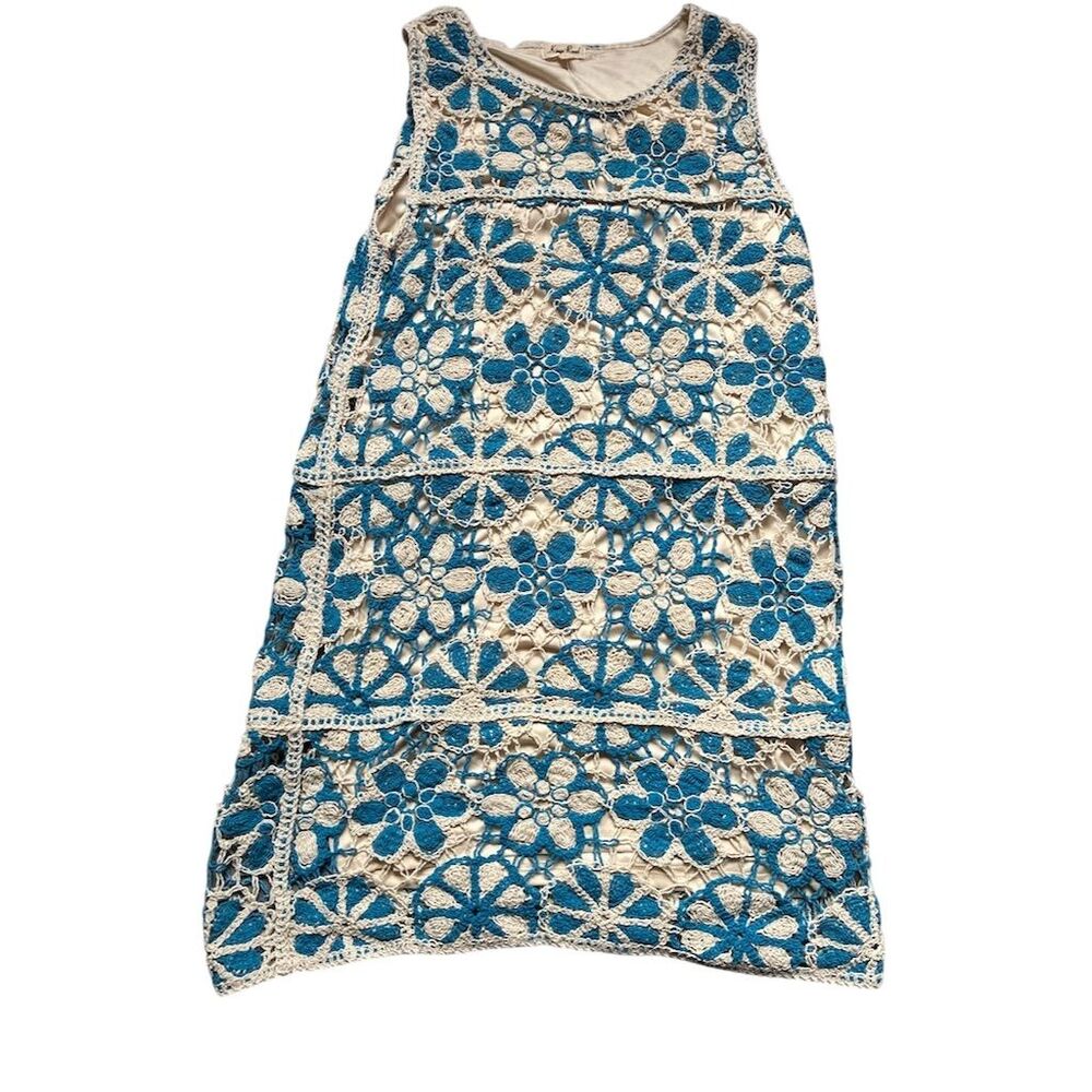 Kings Road Women's Blue Cream Floral‎ Crochet Sheath Dress Size L Knee Length